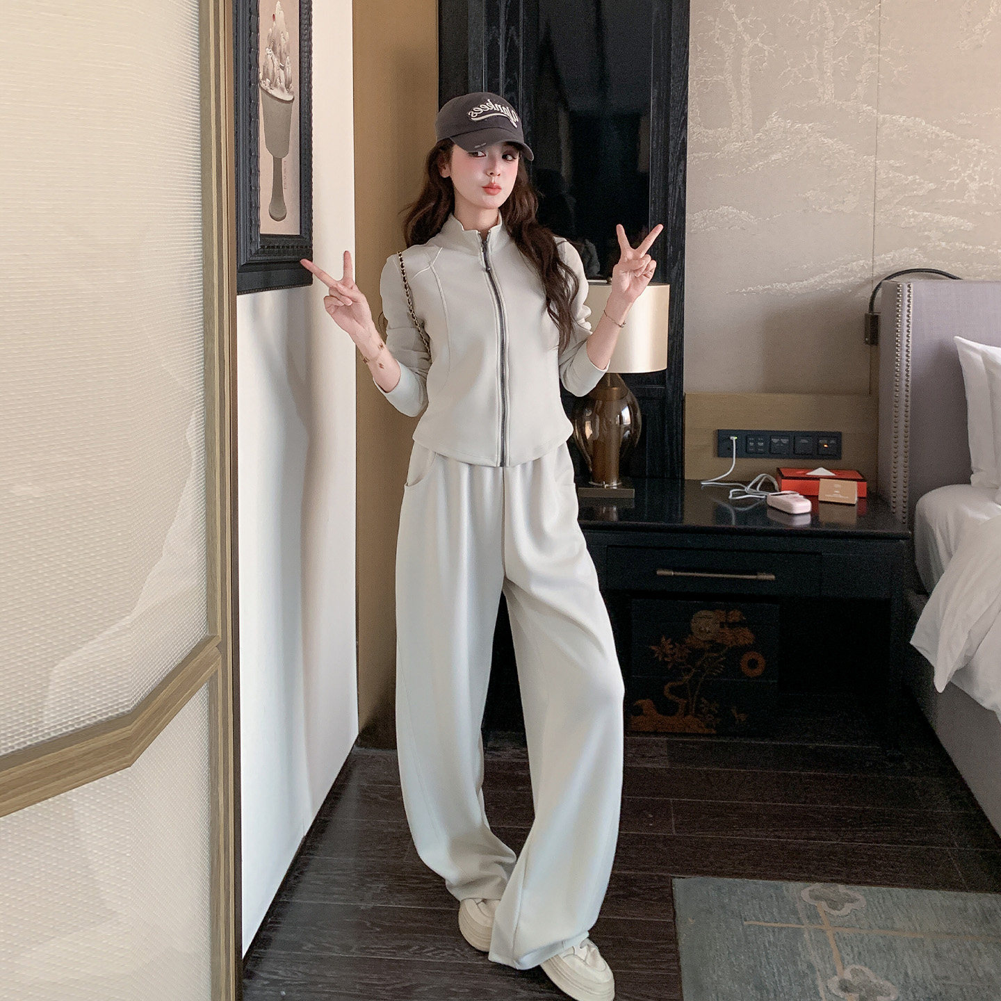 米白色气质高级感开衫套装女2026春新款立领上衣高腰阔腿裤两件套