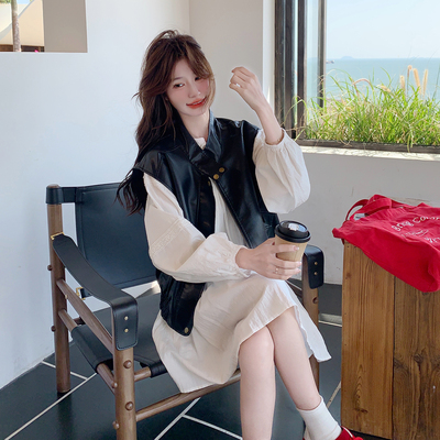 韩版冷淡系PU皮马甲连衣裙套装女2026春季新款小个子A字裙两件套