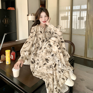 法式优雅浪漫田园风碎花连衣裙中长款2026春天新款长袖系带茶歇裙
