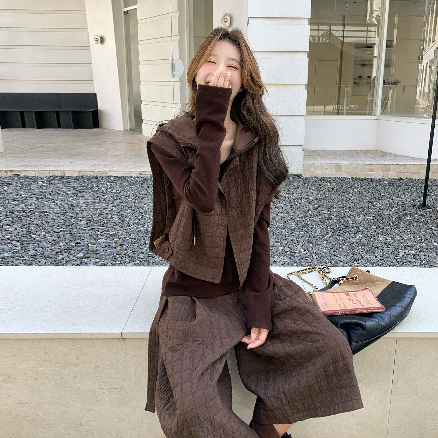 古风马甲套装女秋季咖色三件套