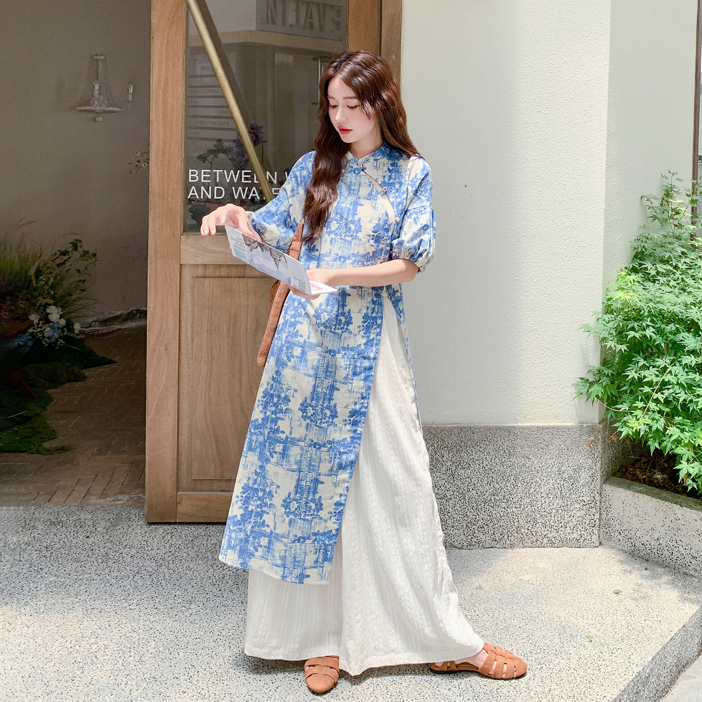 新中式国风文艺范套装女2026春新款提花盘扣长衫上衣阔腿裤两件套