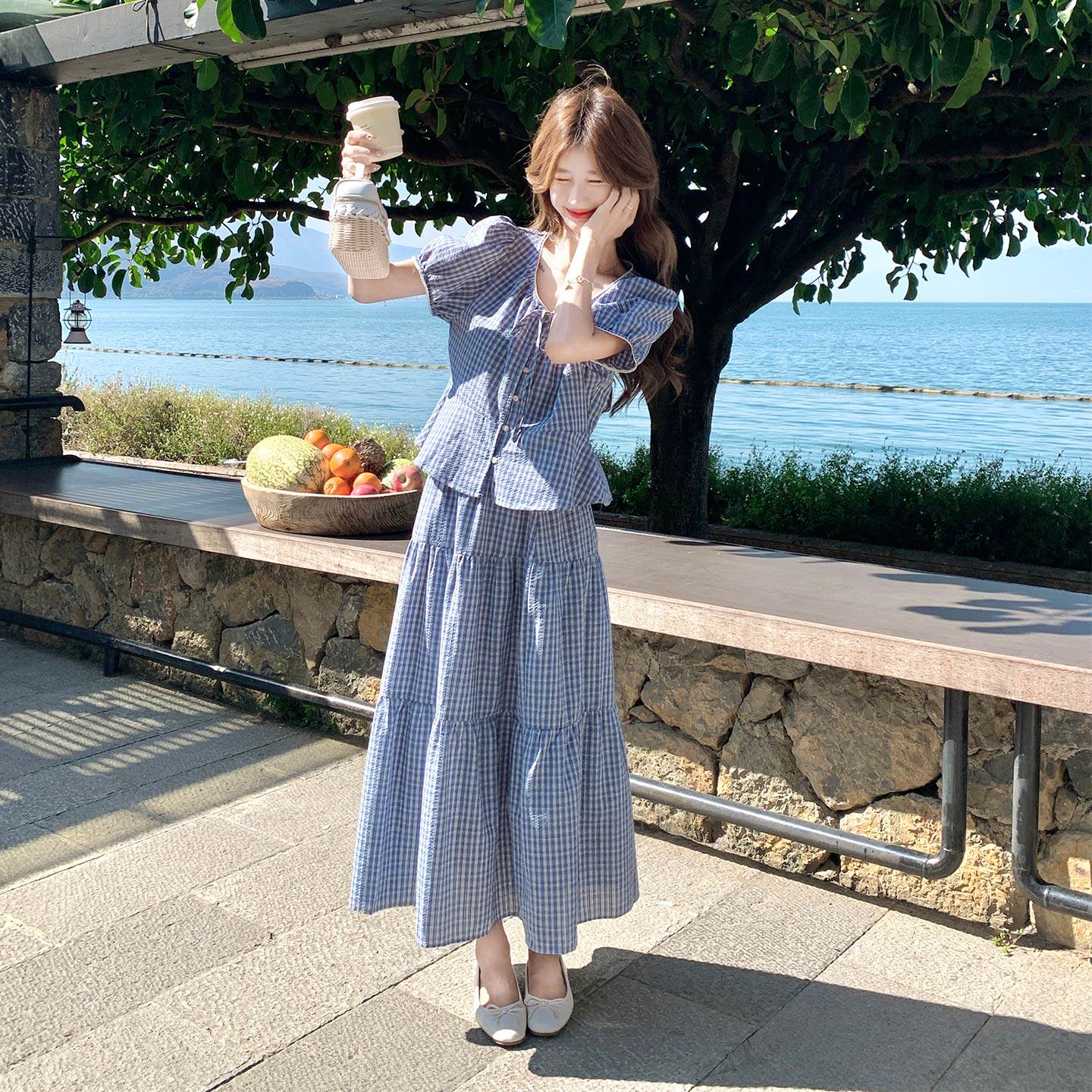 蓝色清新甜美文艺风格纹套装夏日泡泡袖上衣半身裙两件套2026新款