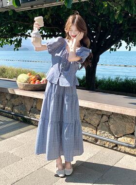 蓝色清新甜美文艺风格纹套装夏日泡泡袖上衣半身裙两件套2026新款