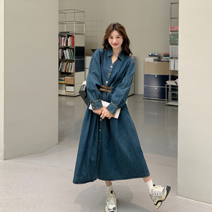 蓝色法式收腰显瘦牛仔衬衫连衣裙女2026春季轻熟风气质长款a字裙