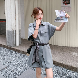 灰色小众别致设计感连衣裙女2026新款韩版时尚工装风显瘦衬衫裙夏