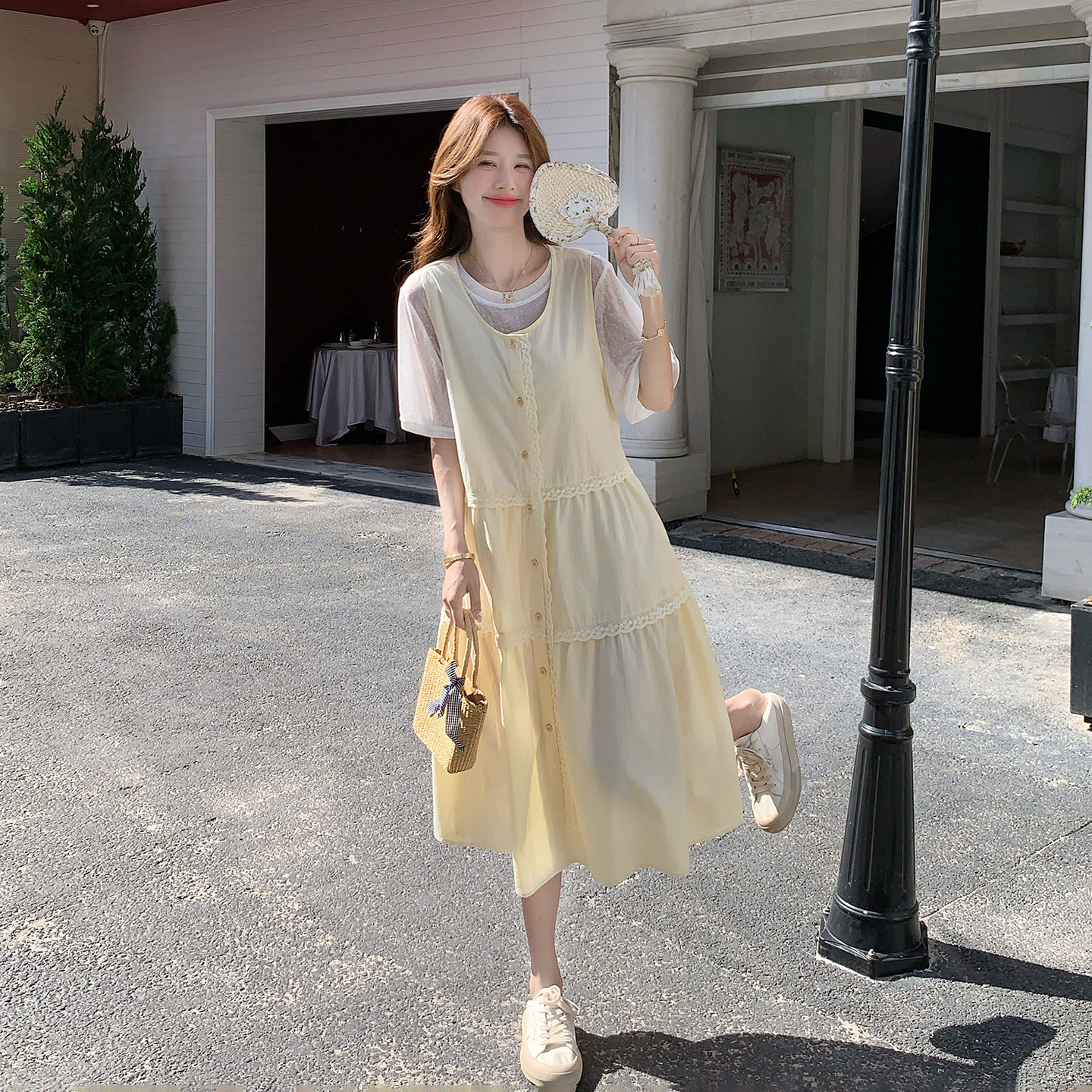 黄色甜美温柔少女感蕾丝花边背心裙套装2026夏新款休闲内搭两件套