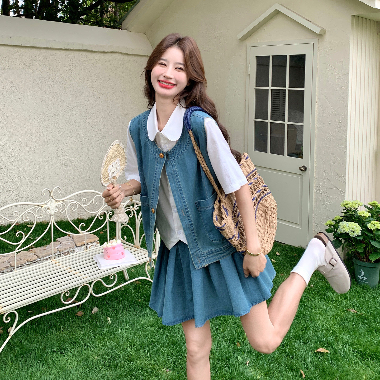 小个子松弛感牛仔马甲套装女2026夏天新款休闲短袖衬衫短裙三件套