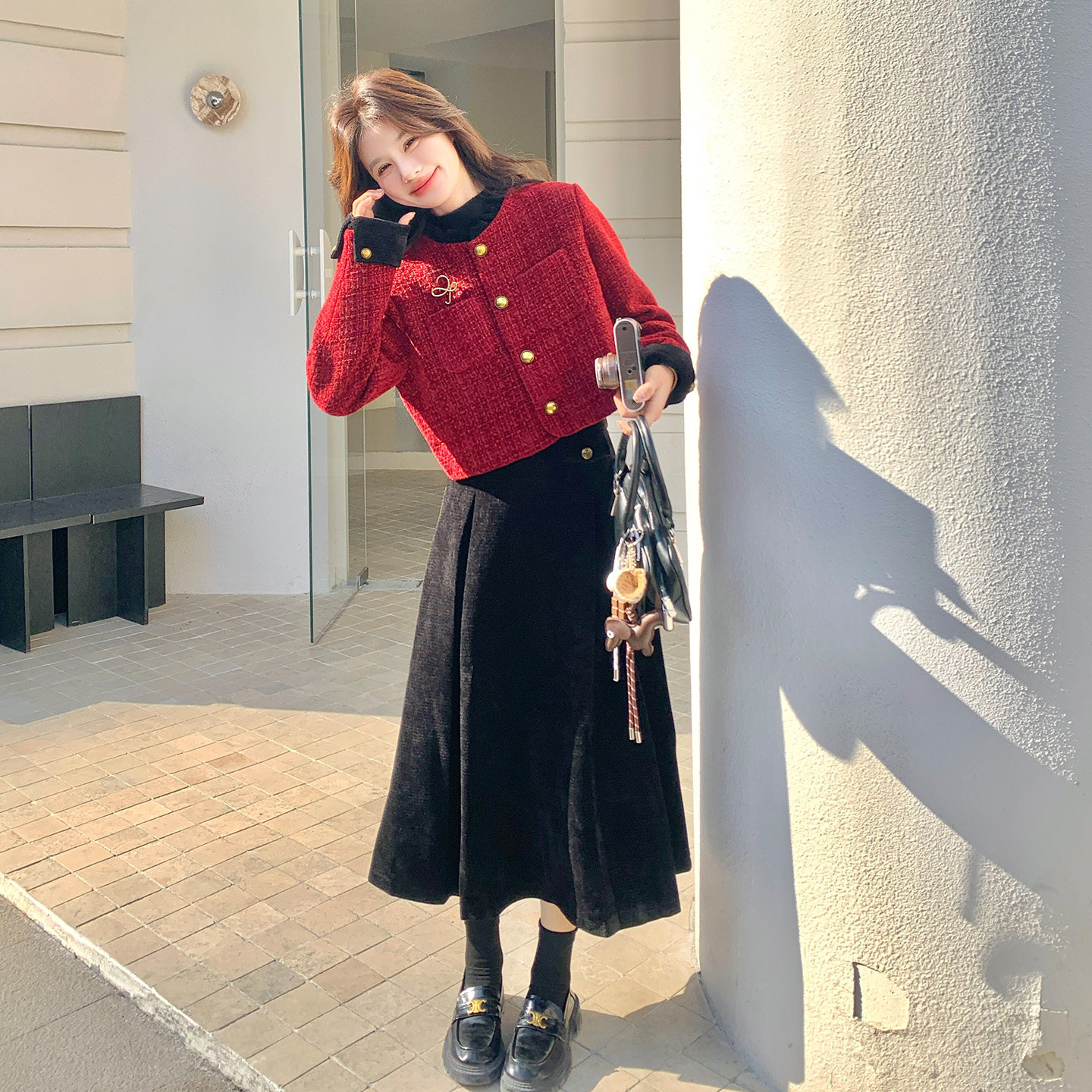 法式小香风红色外套半身裙套装