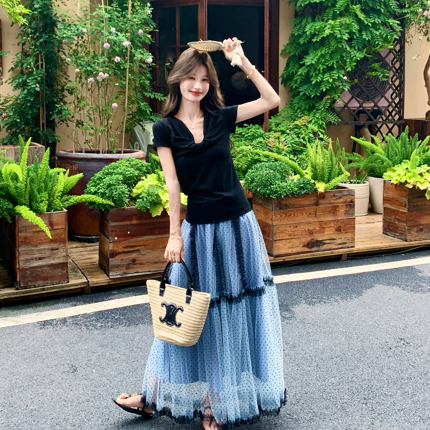 夏短袖上衣蛋糕裙高腰显瘦两件套