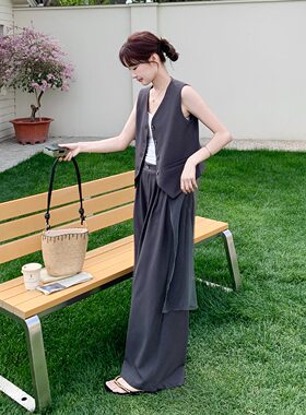 灰色小众轻熟风夏日职场穿搭女网纱拼接马甲阔腿裤两件套2026新款