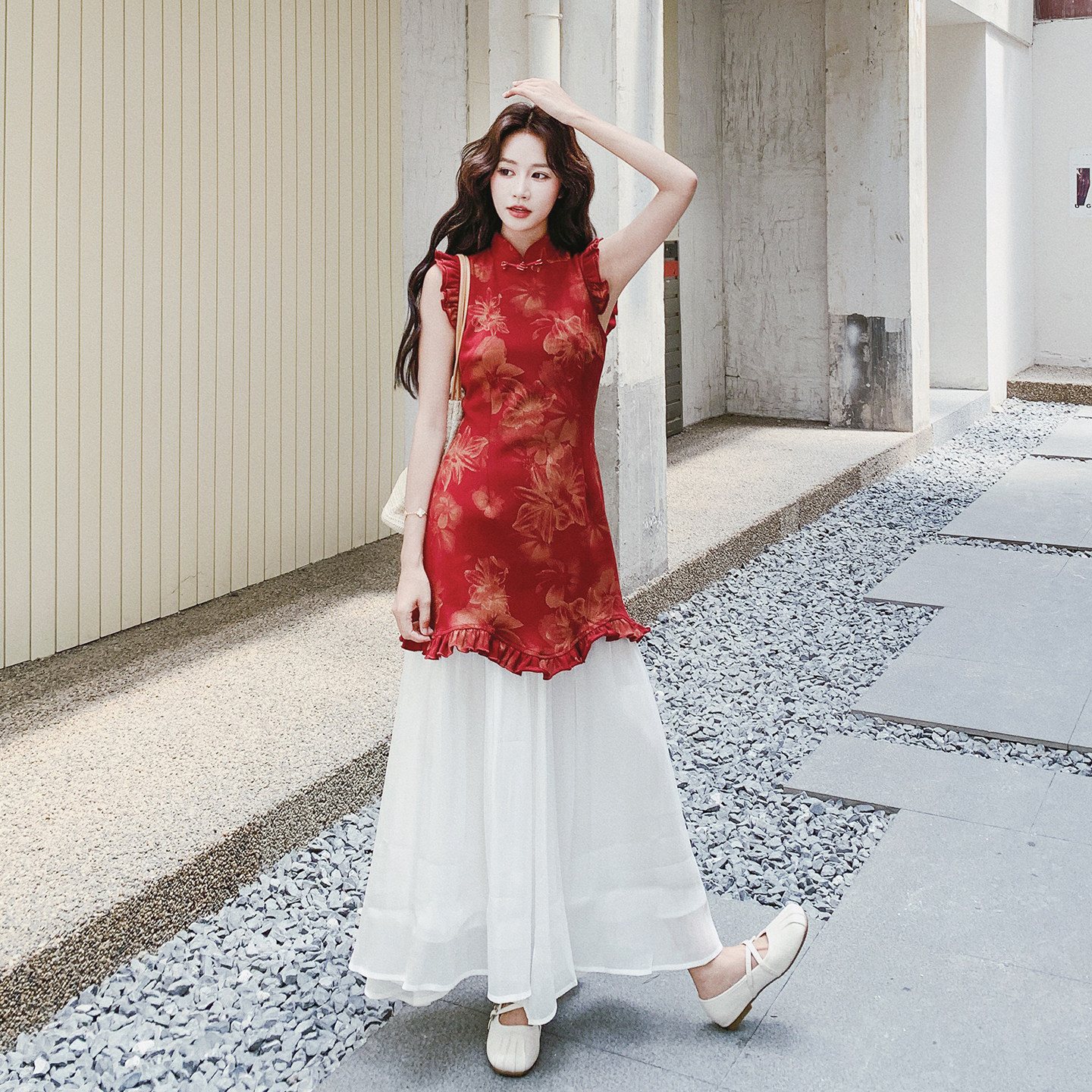 红色复古优雅风新中式印花旗袍裙套装女2026新款夏日半身裙两件套