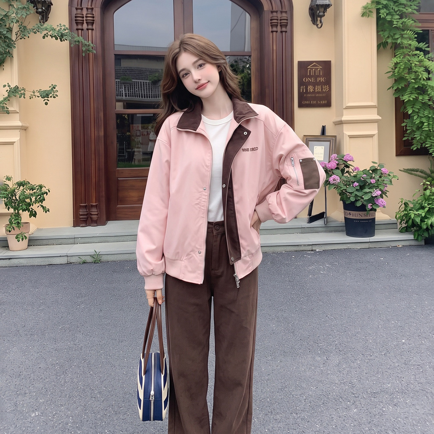粉色俏皮减龄ins风外套女2026新款韩式宽松版撞色拼接翻领夹克秋