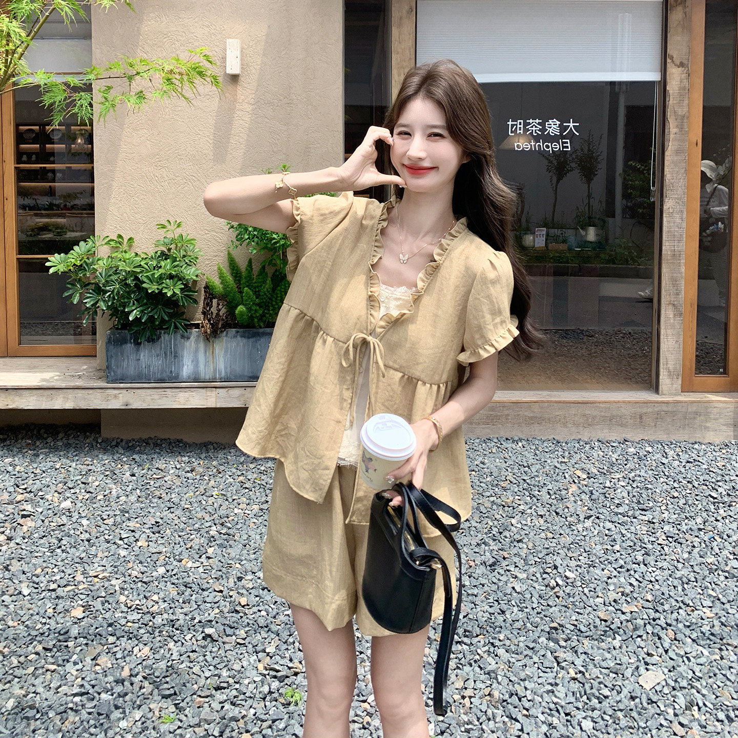 夏装木耳边假两件套装女宽松休闲