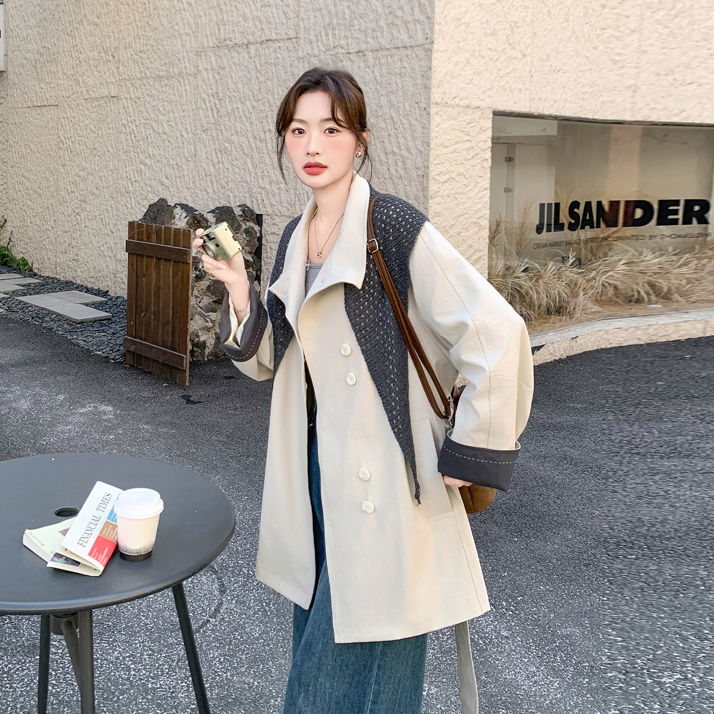 米白色韩系针织披肩风衣外套女2026春季英伦风气质休闲中长款大衣