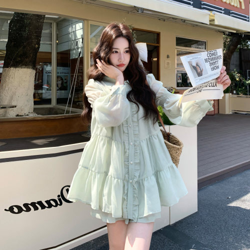法式甜美风绿色衬衫套装女春