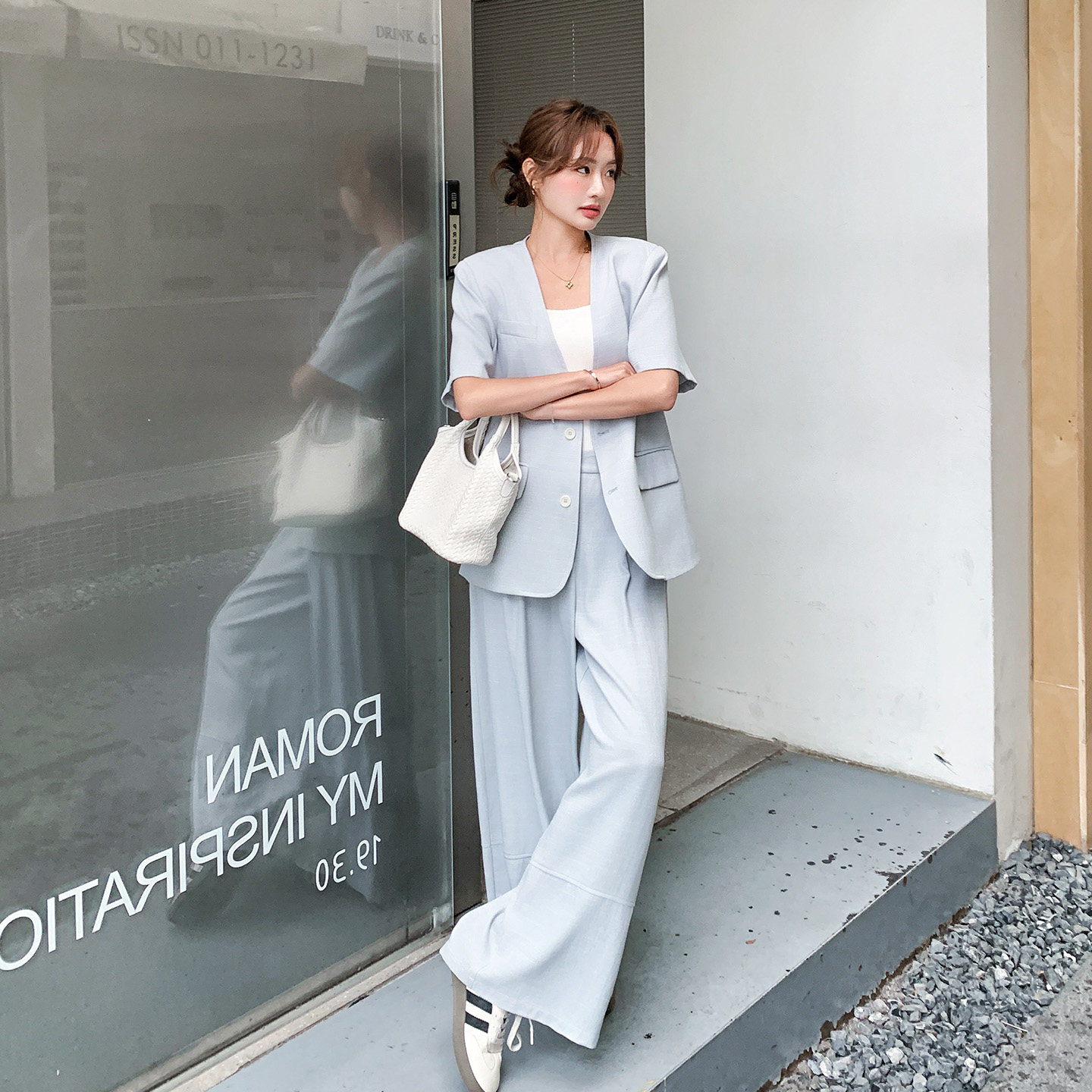 韩版通勤百搭轻职场短袖西装套装女2026新款夏日高腰阔腿裤两件套