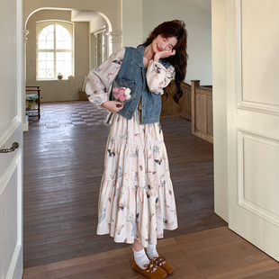 法式牛仔马甲印花长袖连衣裙套装女2026春季氛围感减龄长裙两件套