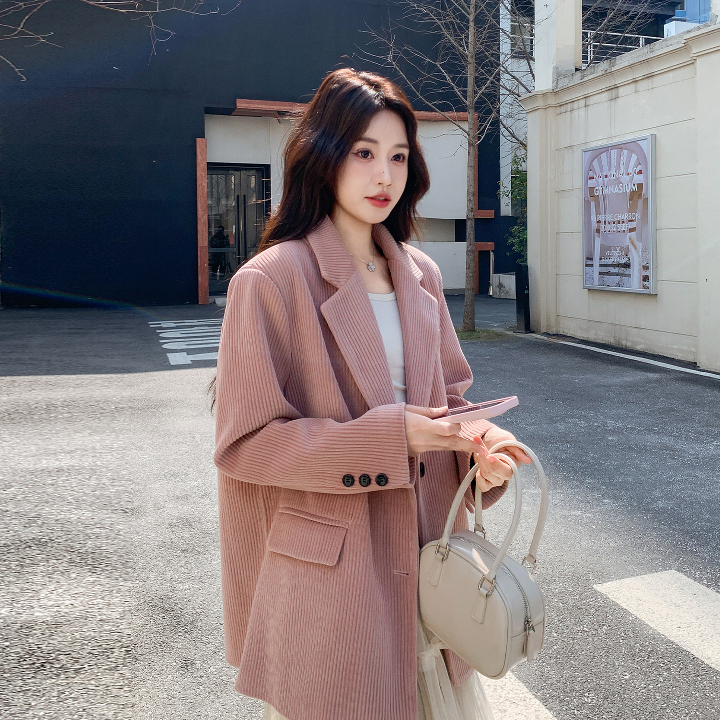 粉色气质高级感灯芯绒西装外套女2026春季新款韩版设计感休闲西服