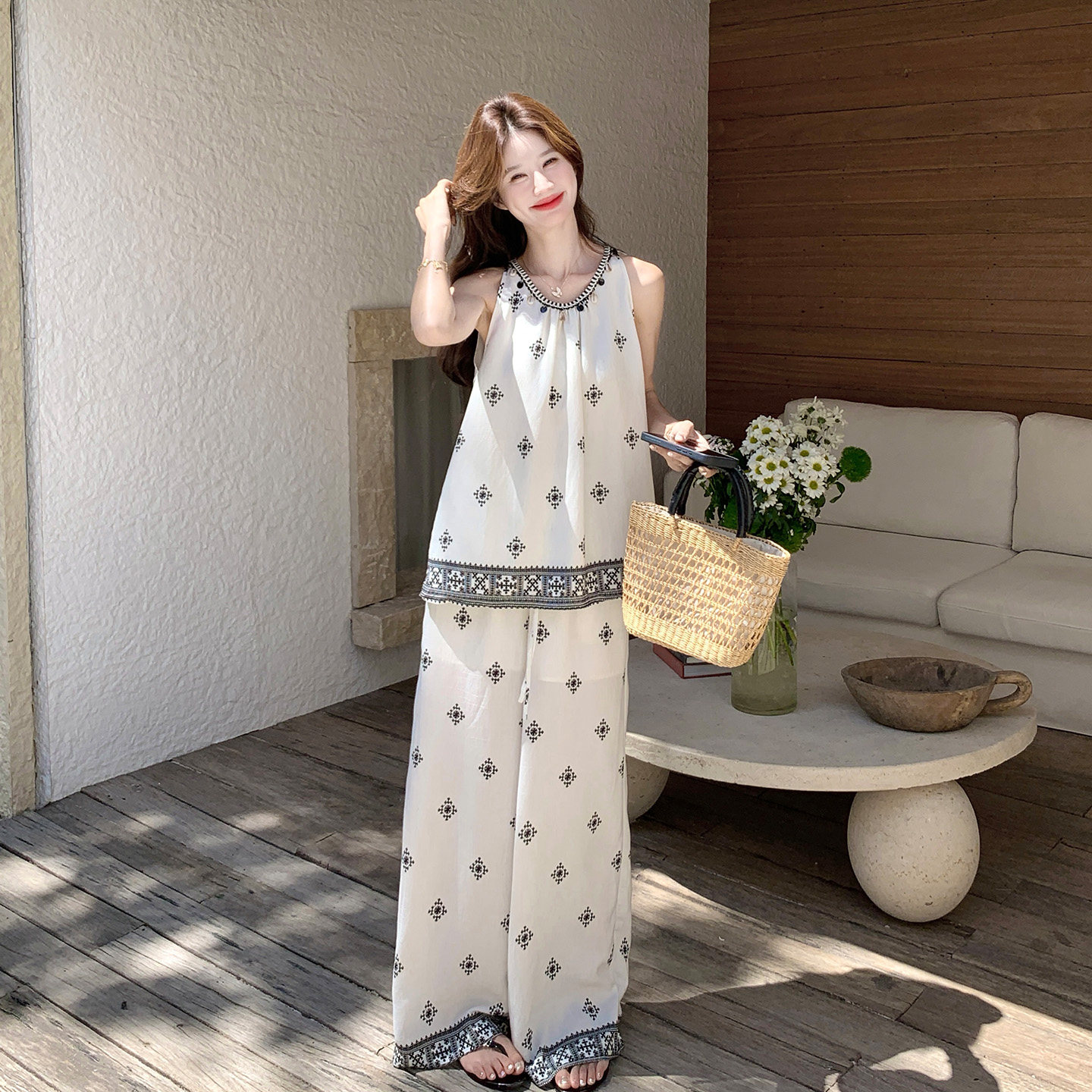 碎花马甲阔腿裤两件套女夏新