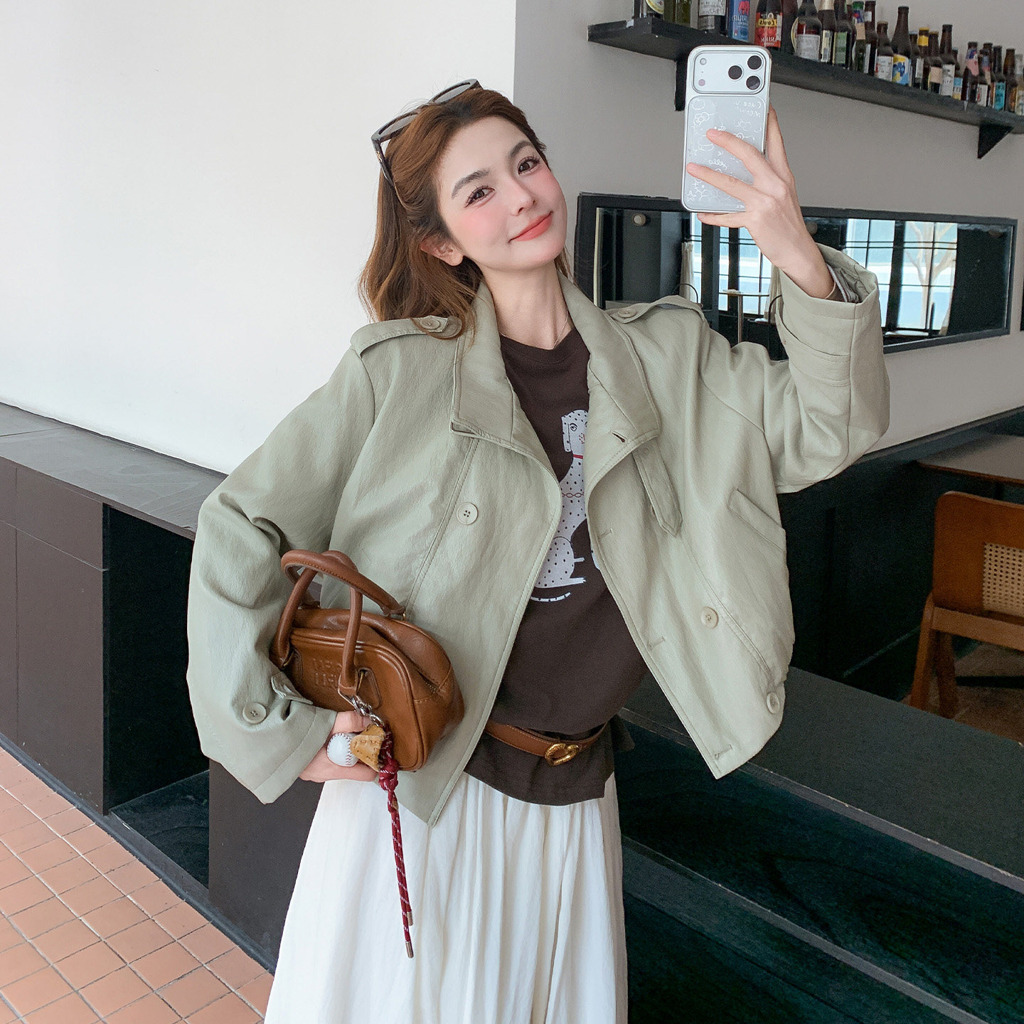 立领皮衣外套女双排扣帅气小个子