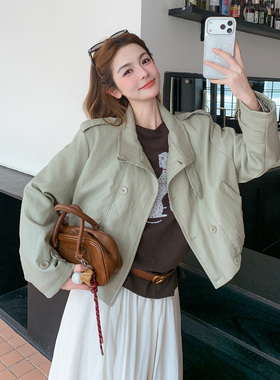 浅绿色韩系氛围感时尚宽松皮衣外套女2026春新款立领双排扣上衣