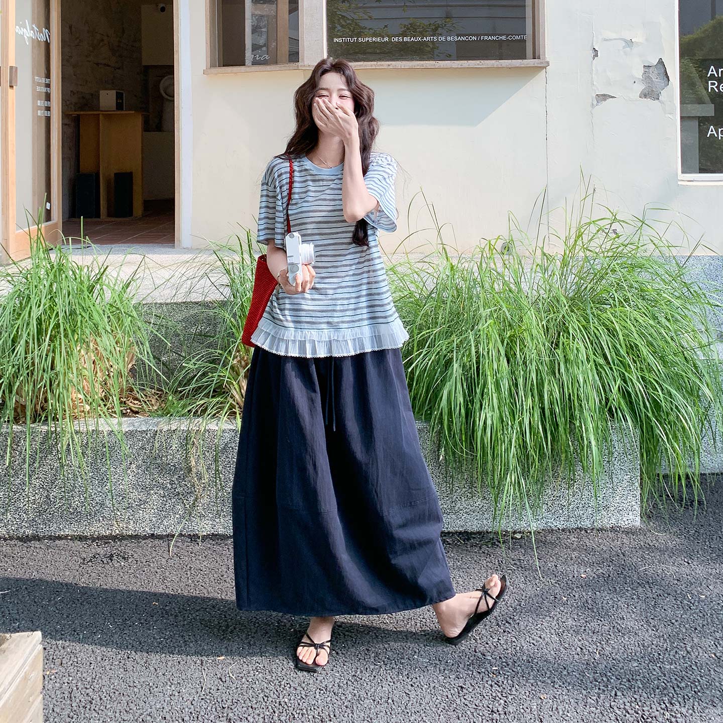 韩式盐系减龄学院风套装女2026新款夏日花边条纹T恤阔腿裤两件套