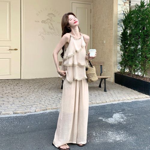 花边吊带阔腿裤套装女时尚三件套
