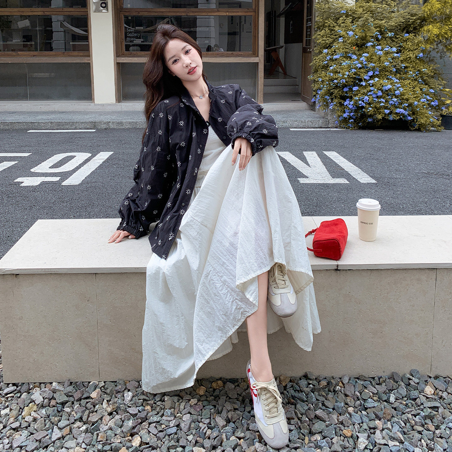 法式印花短外套女宽松显瘦黑色