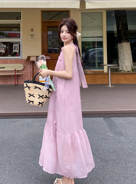 粉紫色夏日浪漫风无袖连衣裙女2026新款法式高级感立体花朵挂脖裙