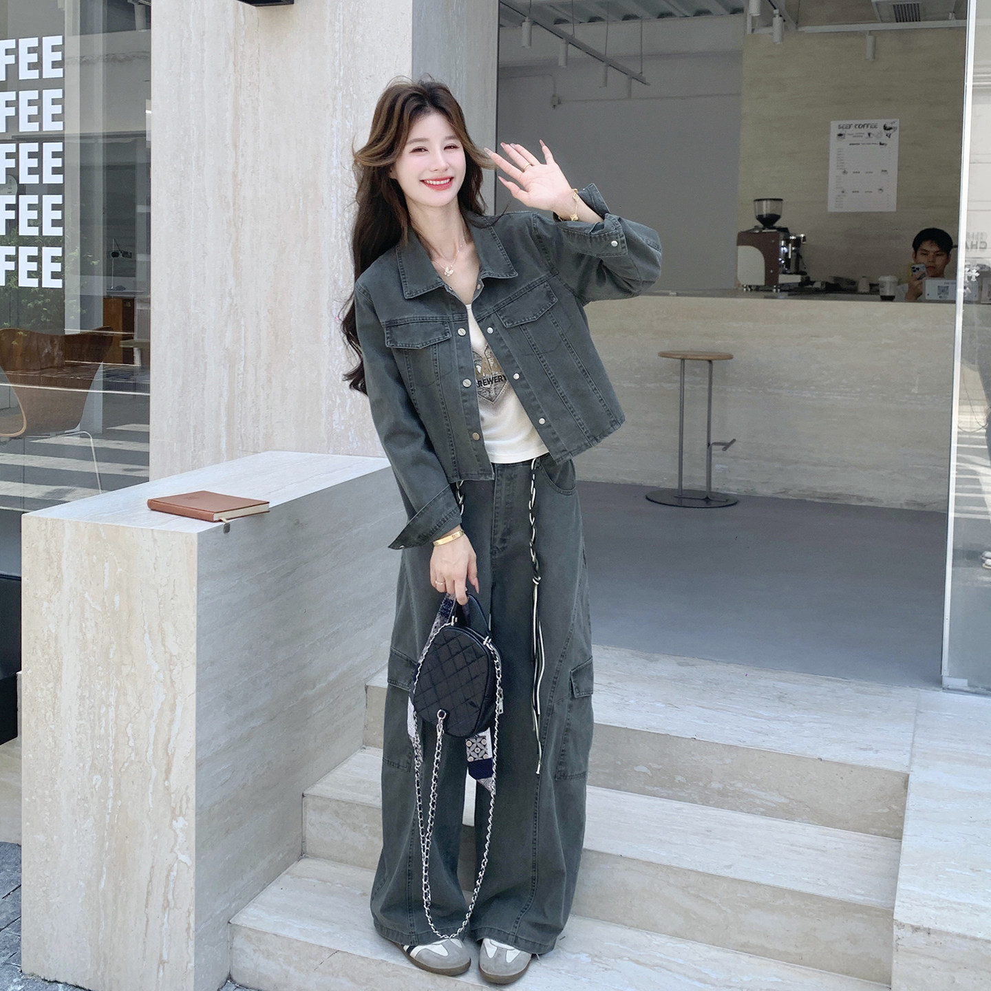 灰绿色美式复古甜酷风牛仔套装女2026新款工装翻领外套长裤两件套