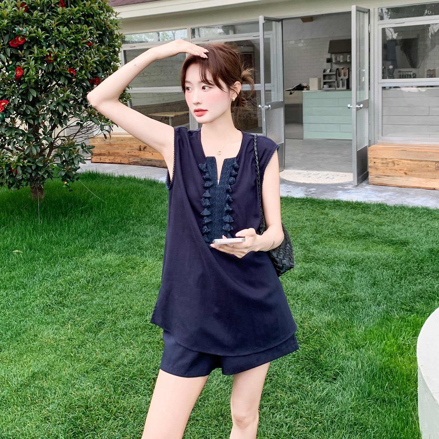 夏季法式流苏背心短裤女两件套