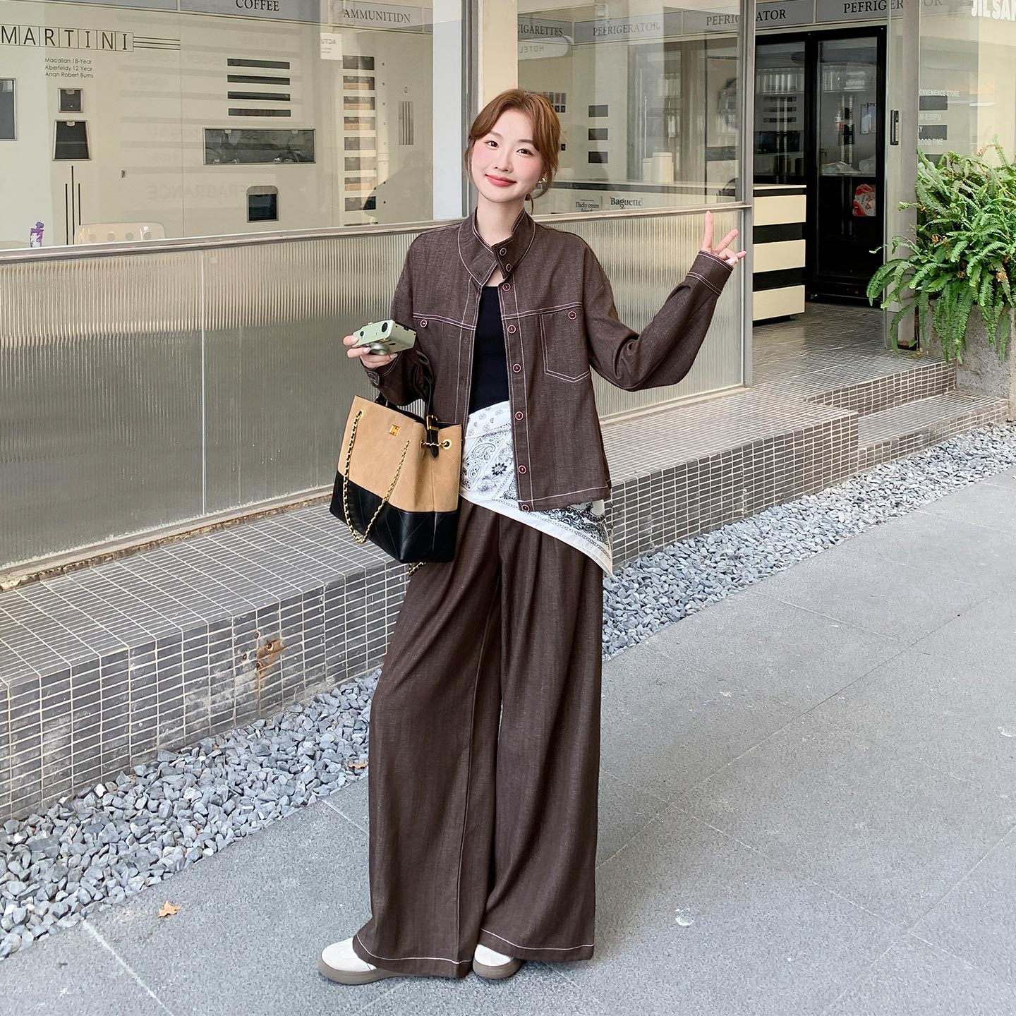 复古摩登高级感套装女2026早秋新款设计感休闲立领上衣长裤两件套