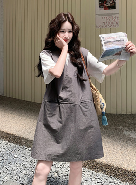 灰色韩系风撞色假两件连衣裙女2026夏新款超好看松弛感时尚A字裙