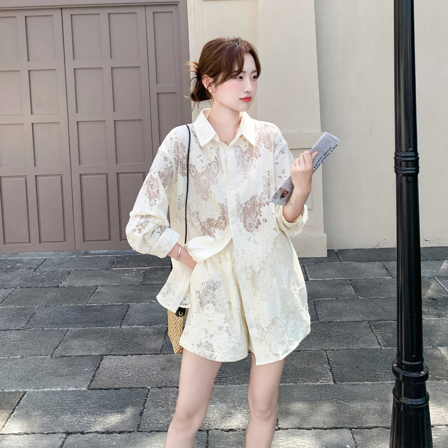 轻奢蕾丝衬衫短裤套装女夏高级感