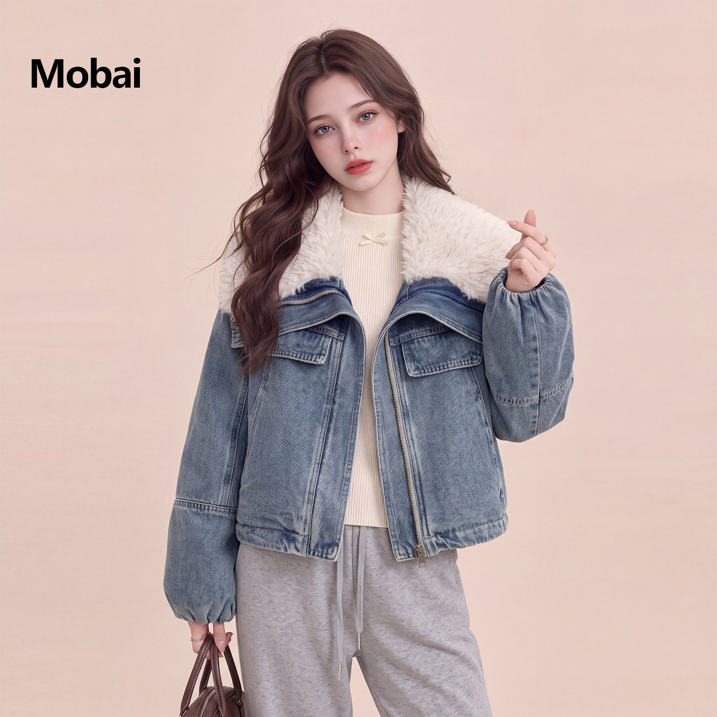 牛仔拼接羊羔毛领加厚羽绒服女