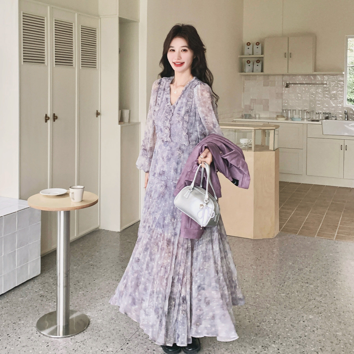 法式碎花连衣裙女长袖V领