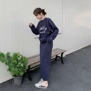 藏青色韩系运动风字母卫衣套装女2026春新款松弛上衣半身裙两件套