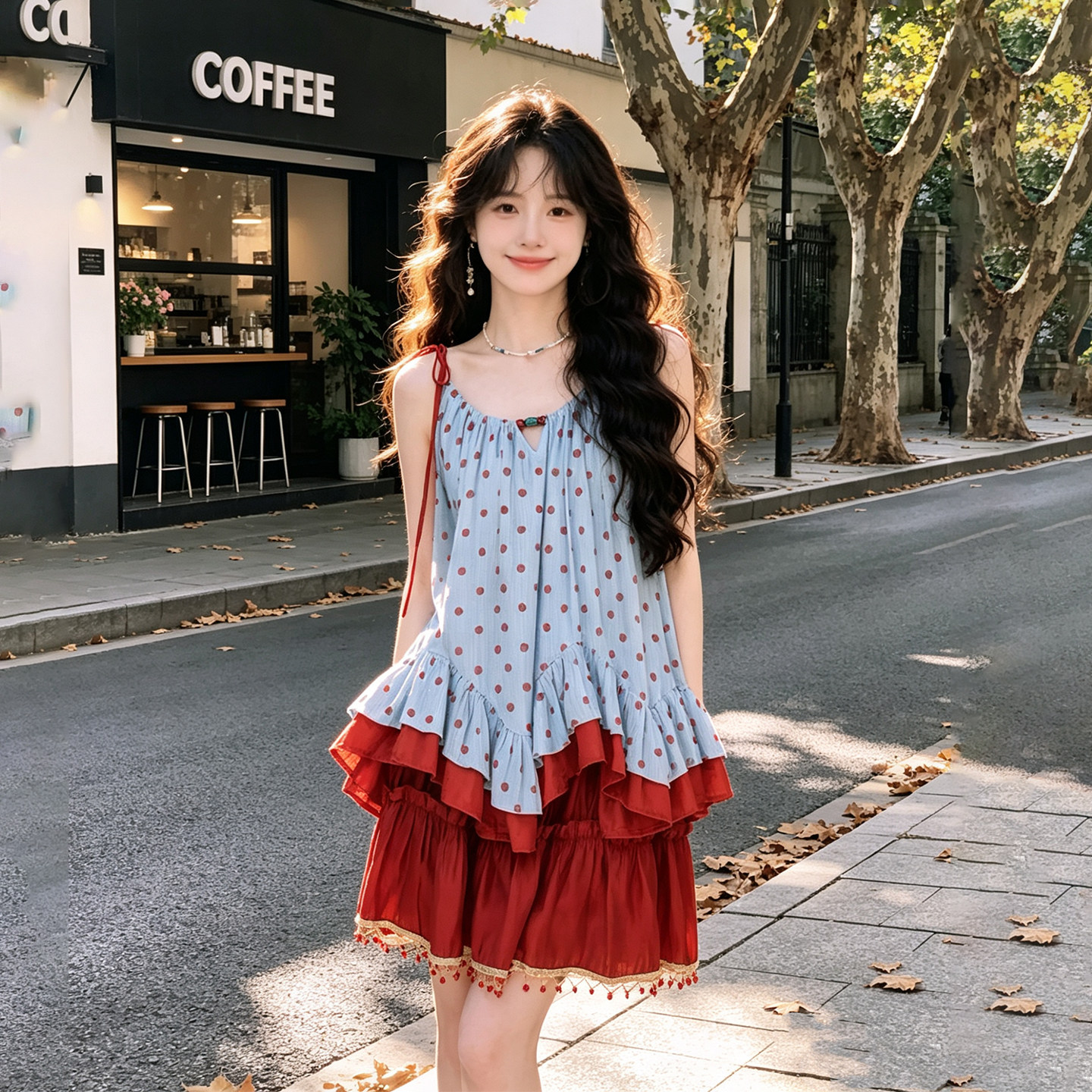 蓝色温柔俏皮少女感套装夏日花边波点上衣流苏短裙两件套2026新款