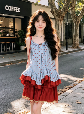 蓝色温柔俏皮少女感套装夏日花边波点上衣流苏短裙两件套2026新款