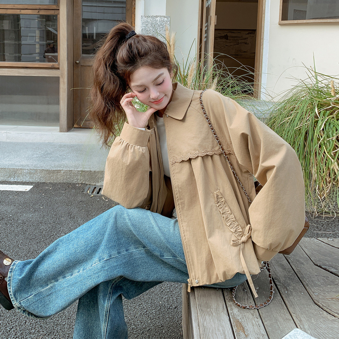 韩系甜美减龄休闲外套女2026小个子春季新款蝴蝶结木耳边翻领上衣