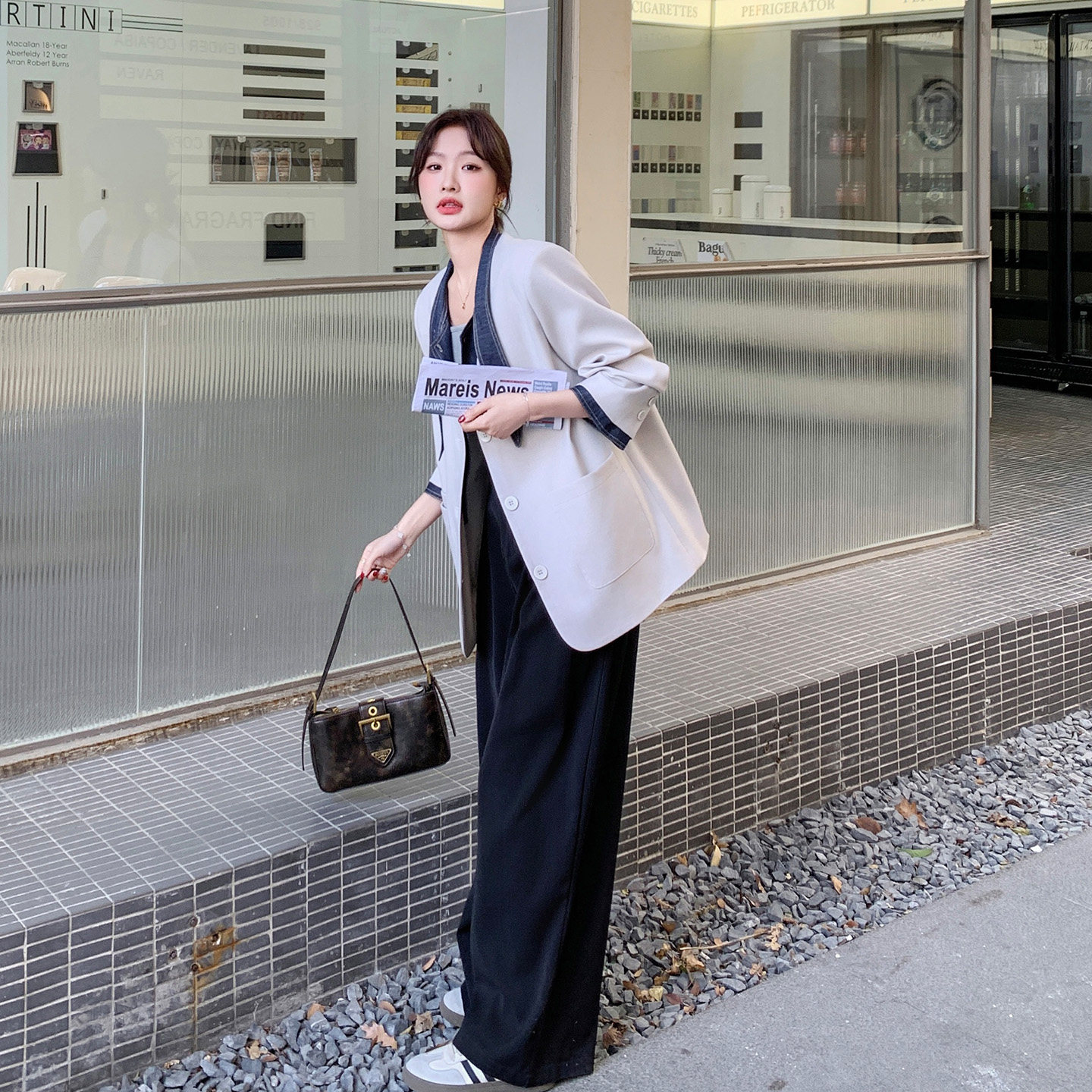 韩系牛仔拼接西装外套女秋新款
