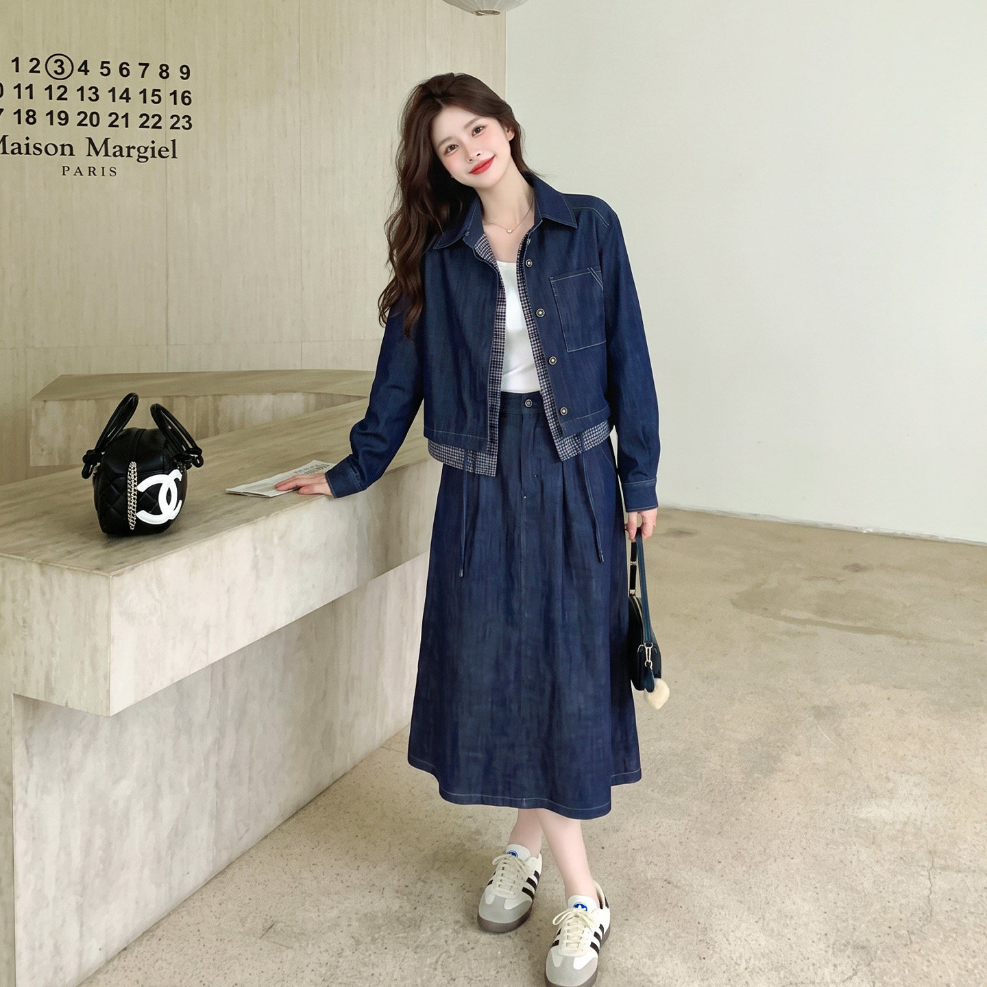 春秋女复古牛仔阔腿裤套装显瘦