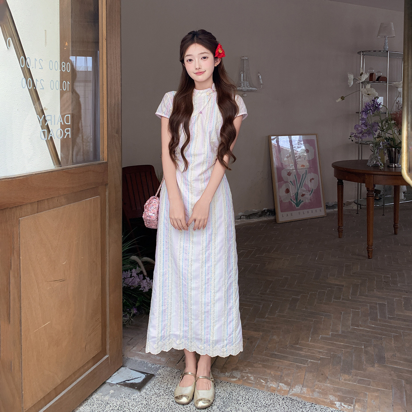 国风俏皮减龄少女感连衣裙2026夏新款新中式温婉风花边条纹旗袍裙