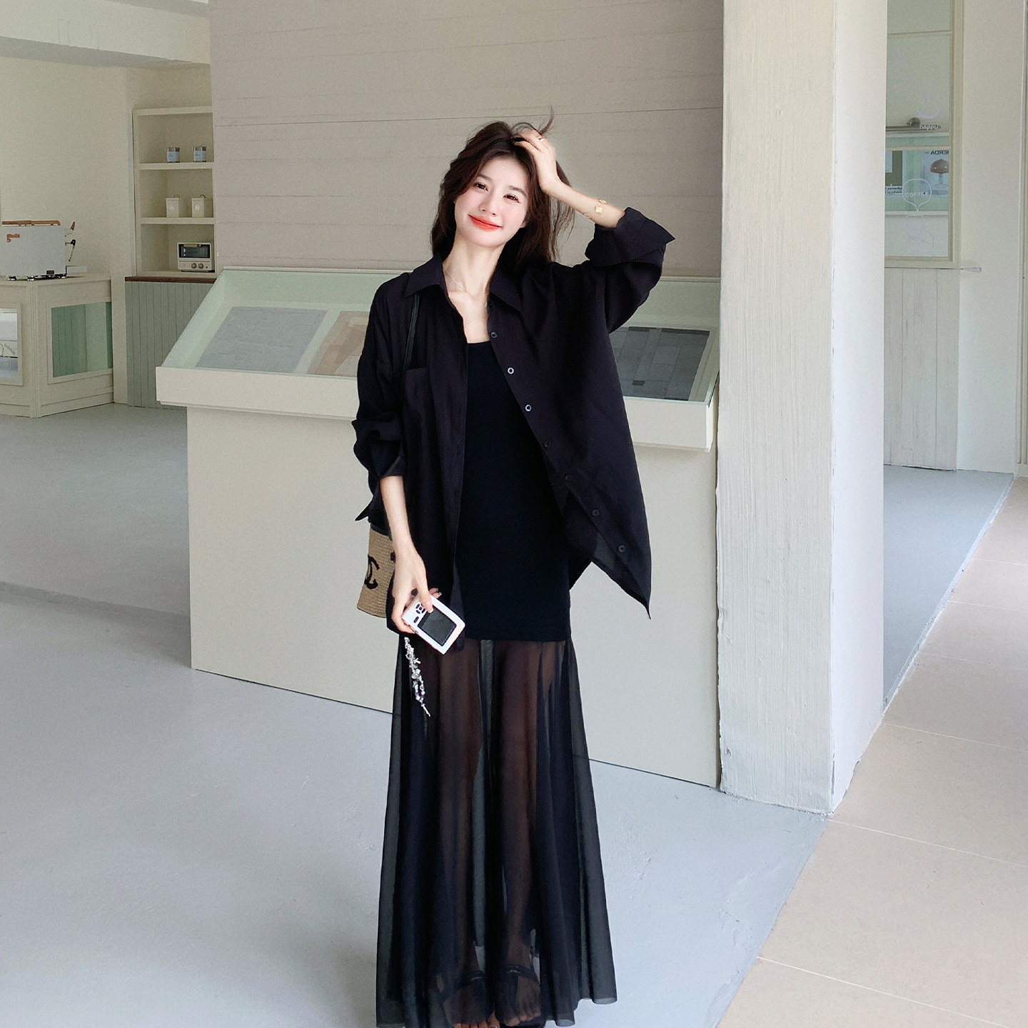 黑色小众轻熟风透视网纱拼接连衣裙套装女2026夏季新款开衫两件套