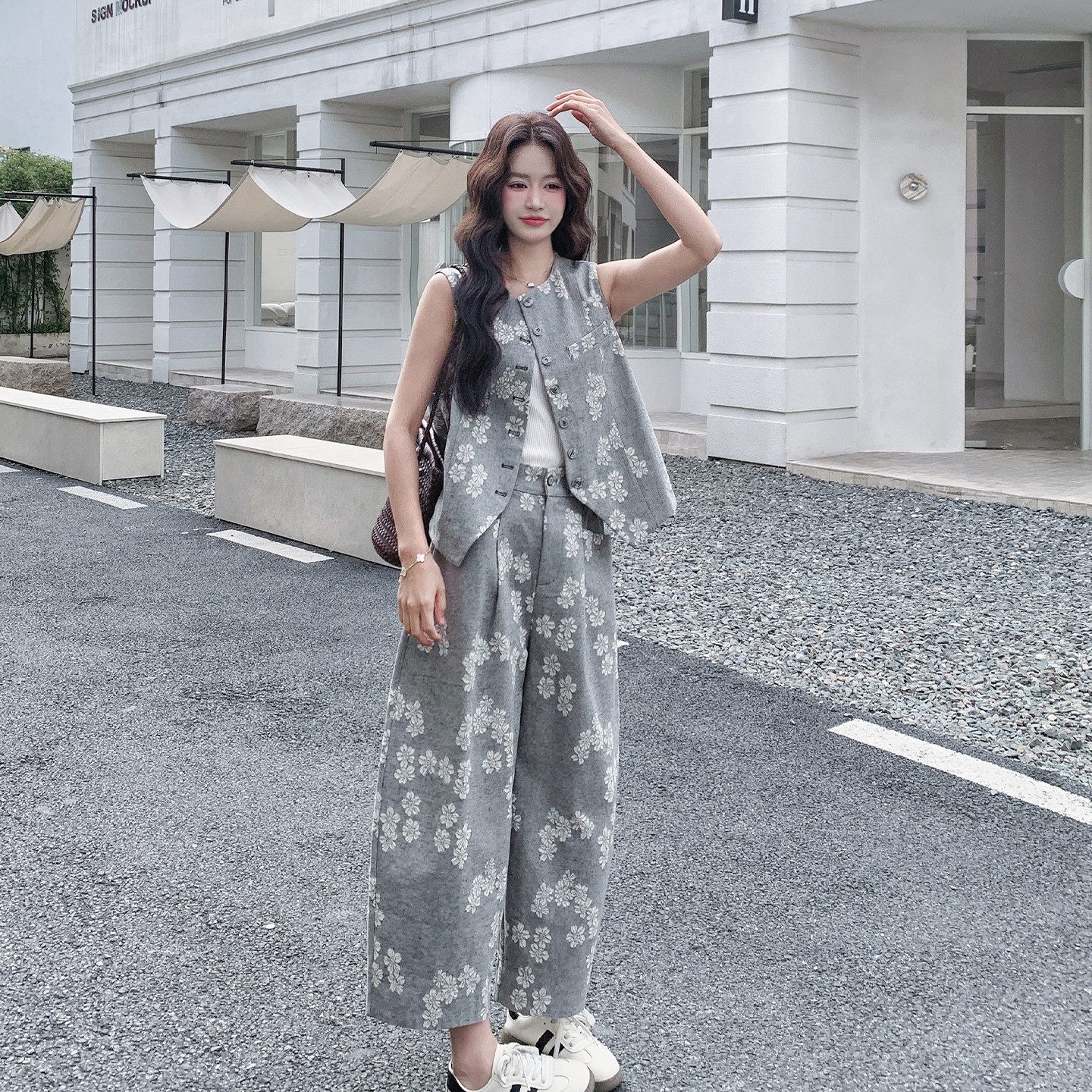 夏季显瘦印花马甲阔腿裤两件套女
