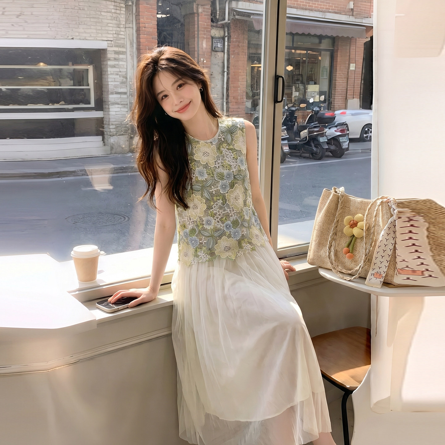 夏季女装无袖蕾丝网纱两件套