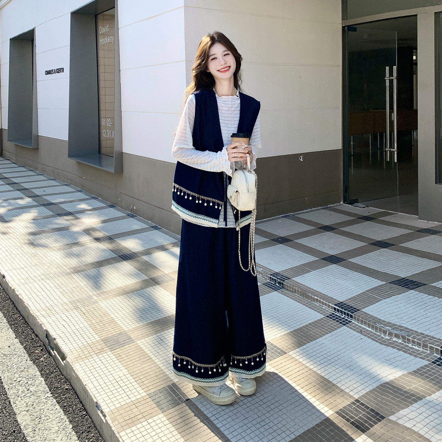 秋季女复古马甲阔腿裤三件套