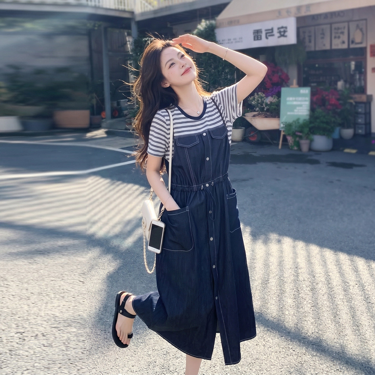 ins风假两件牛仔连衣裙女夏装