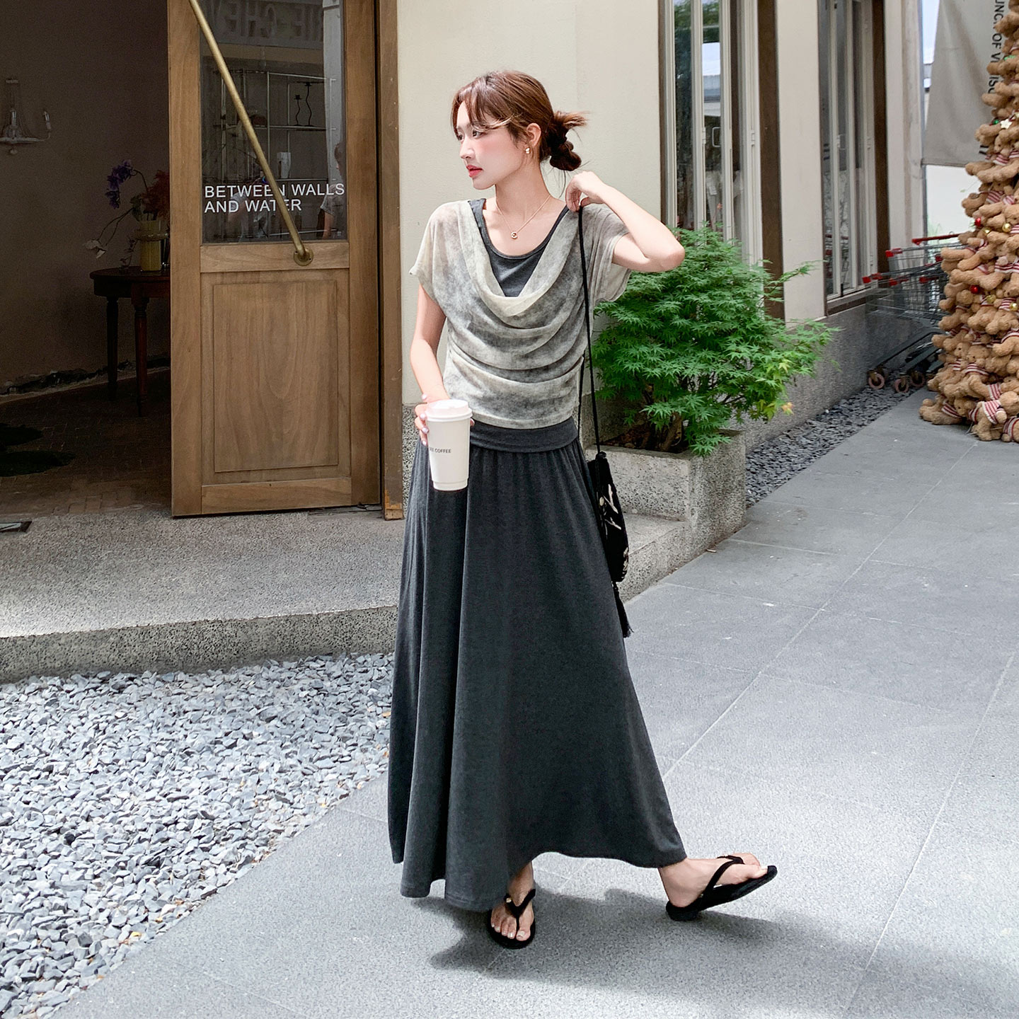 灰色慵懒风气质三件套女2026夏季新款扎染荡领上衣背心半身裙套装