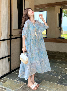 蓝色法式繁花意趣风罩衫连衣裙套装女2026夏新款减龄吊带裙两件套